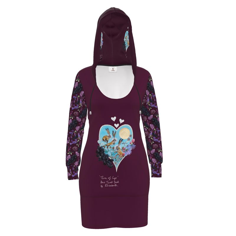 Three of Cups Hare Tarot Deck Hoodie Dress Deep Red