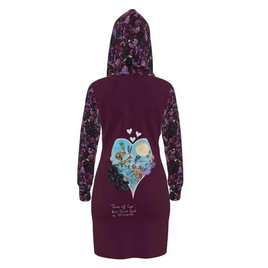 Three of Cups Hare Tarot Deck Hoodie Dress Deep Red - Elizabeth's Boutique