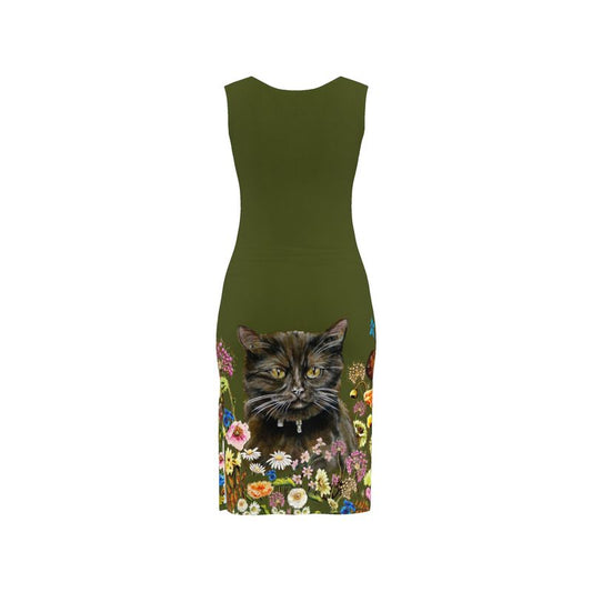 Green dress with a brown british shorthair cat and floral design on a white background Catslore Elizabeth Shewan Artist