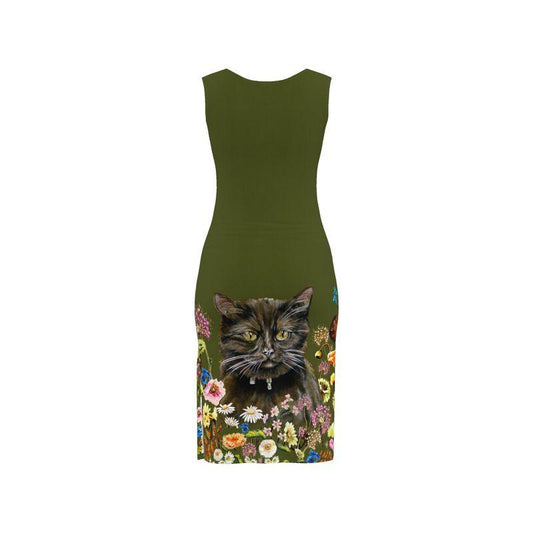 Green dress with a brown british shorthair cat and floral design on a white background Catslore Elizabeth Shewan Artist