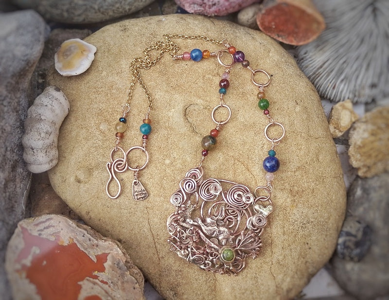 Spiral Leaping Hare Energy Nature Peridot Necklace