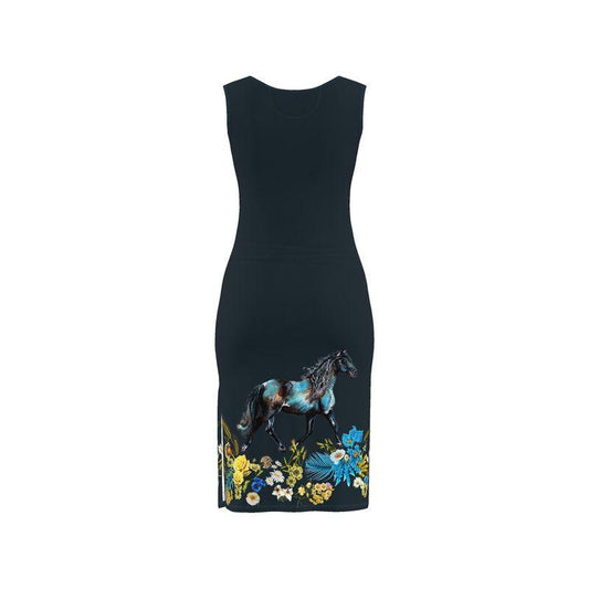 Dark blue dress with horse and floral design on a white background Horse Messenger Elizabeth Shewan artist