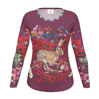 Long-sleeve shirt with a rabbit and floral design on a purple background