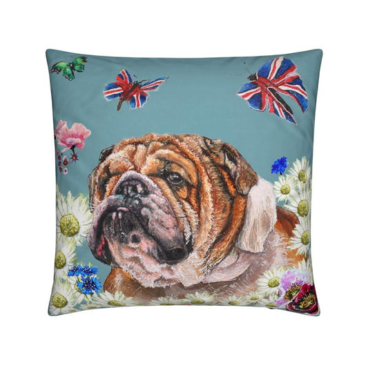 English Bulldog in the Daisies Velvet Cushion