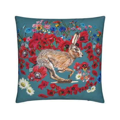 Running Hare Red Poppy Field Velvet Cushion