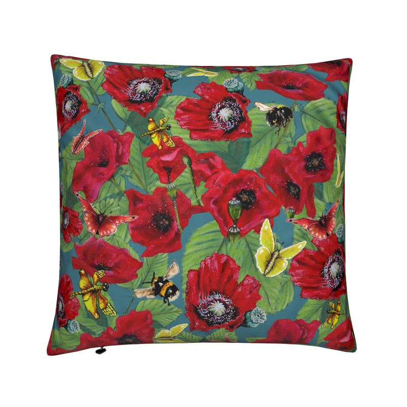 Running Hare Red Poppy Field Velvet Cushion