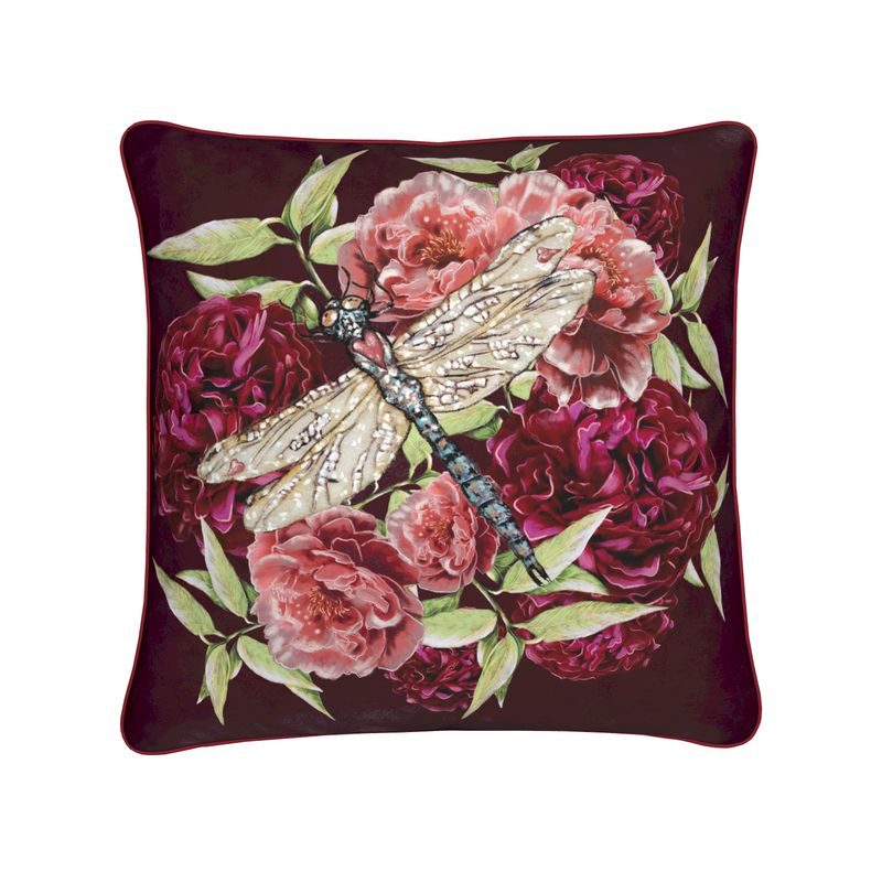 Dragonfly Peonies Velvet Cushion