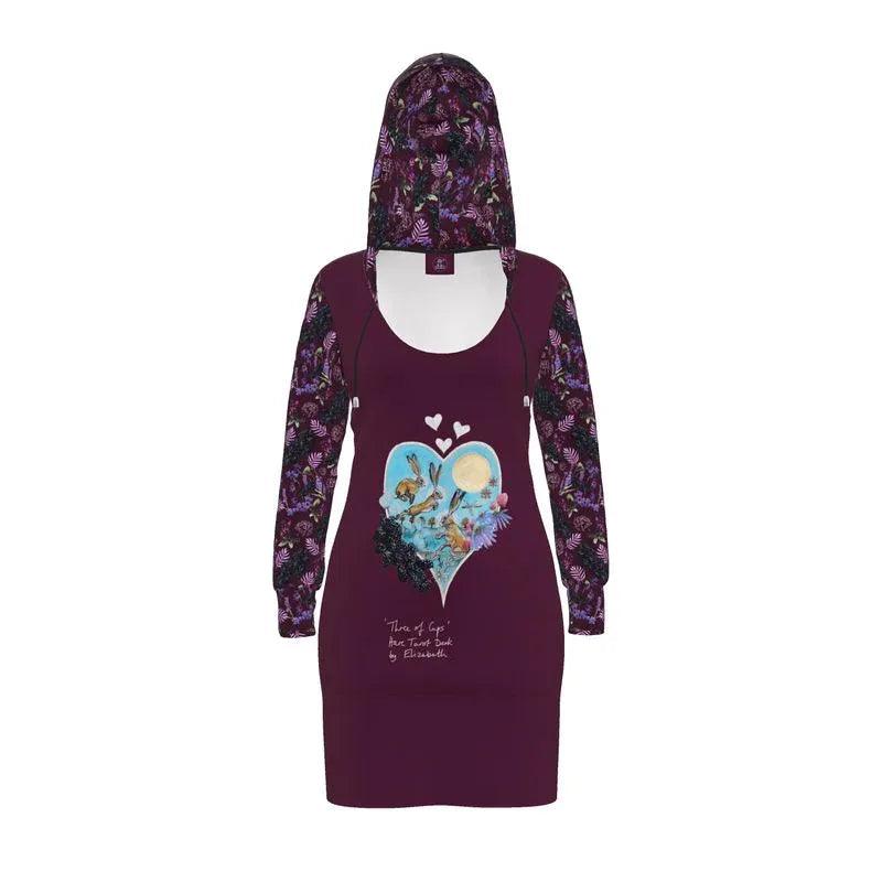 Three of Cups Hare Tarot Deck Hoodie Dress Deep Red - Elizabeth's Boutique