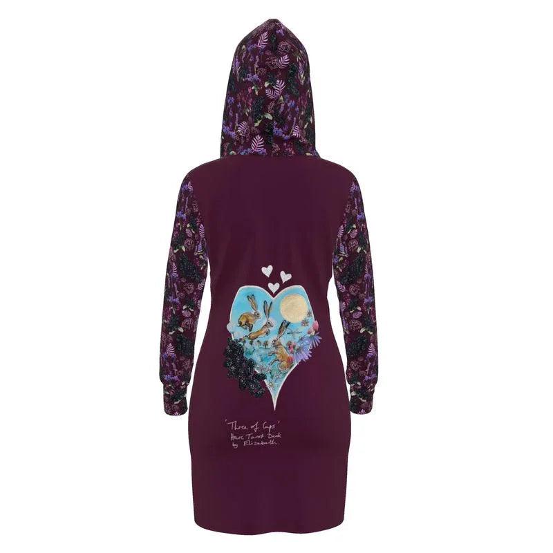 Three of Cups Hare Tarot Deck Hoodie Dress Deep Red - Elizabeth's Boutique