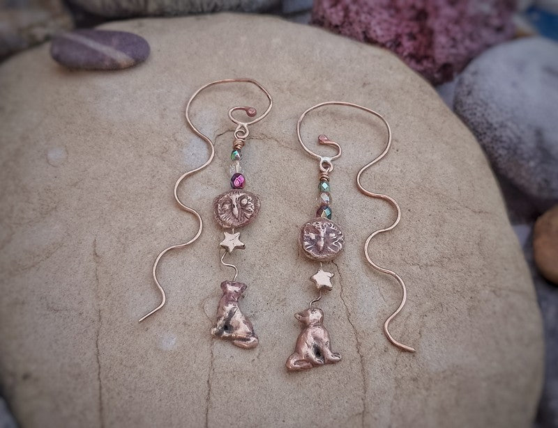 The Owl and the Pussy Cat Dangly Earrings Bronze Unique Elizabeth Shewan Artist Jewellery