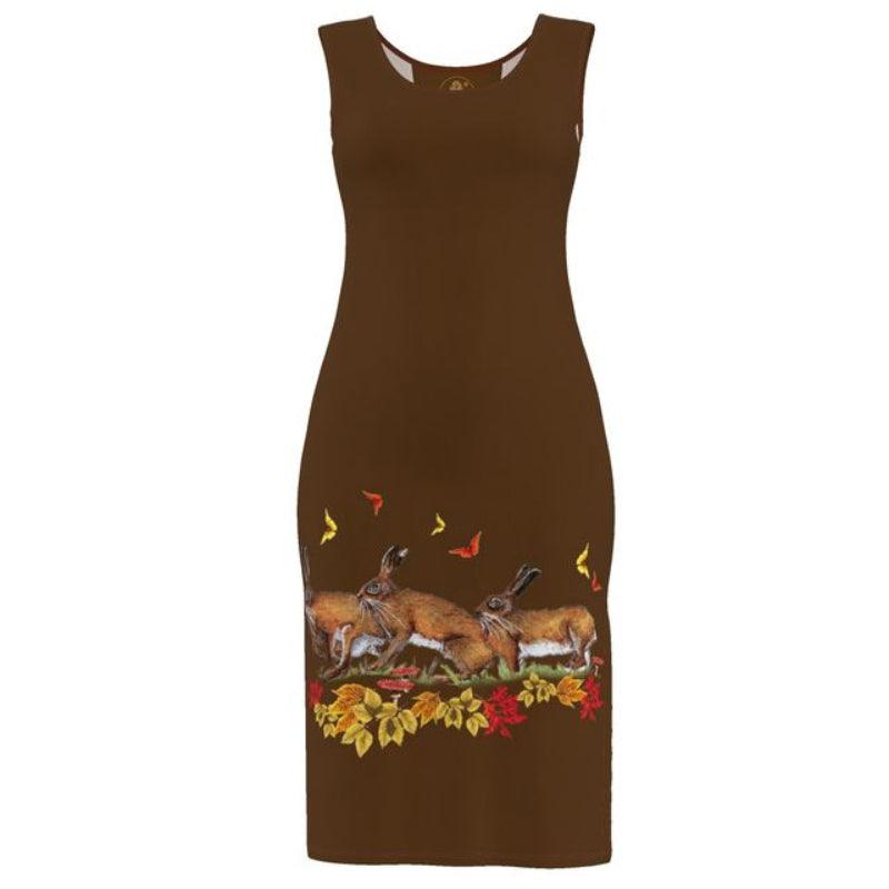 Brown dress with animal and floral design on a white background Autumn Hare Run Dress Elizabeth Shewan Artist 2026