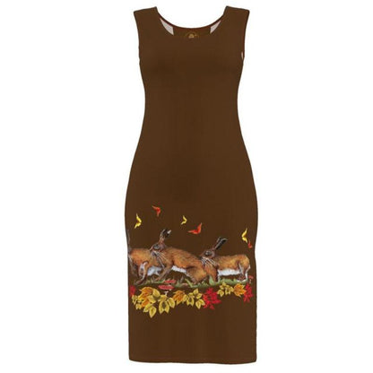 Brown dress with animal and floral design on a white background Autumn Hare Run Dress Elizabeth Shewan Artist 2026