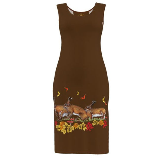 Brown dress with animal and floral design on a white background Autumn Hare Run Dress Elizabeth Shewan Artist 2026