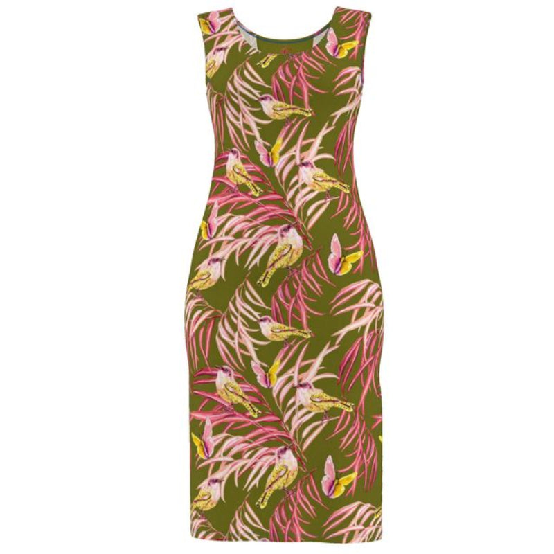 Green dress with pink floral pattern on a white background Birdie Pinks Summer Dress