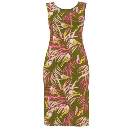 Green dress with pink floral pattern on a white background Birdie Pinks Summer Dress