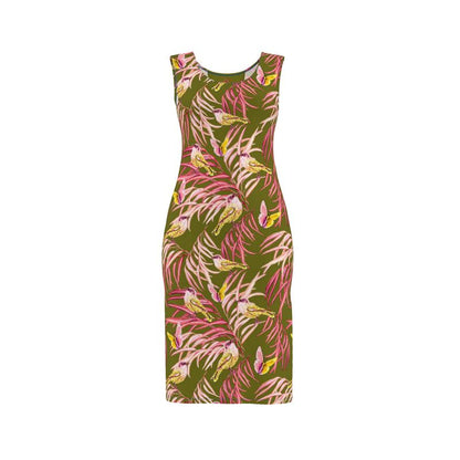 Green dress with pink and yellow floral pattern on a white background Birdie Pinks Summer Dress