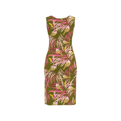 Green dress with pink floral pattern on a white background Birdie Pinks Summer Dress