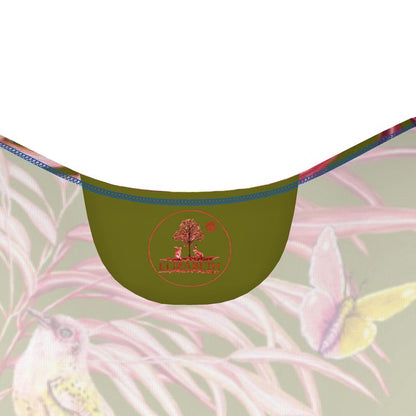 Green hammock with a logo on a light background with birds and plants Birdie Pinks Summer Dress