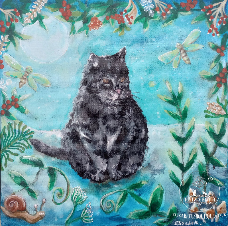 Black cat surrounded by nature elements like plants and dragonflies on a blue background