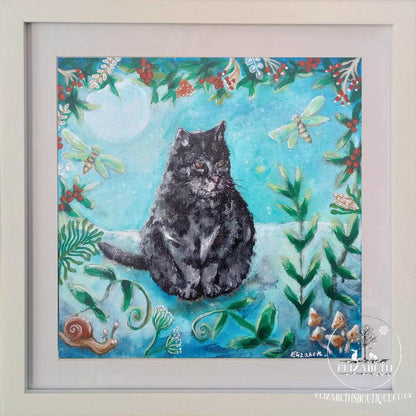 Framed artwork of a black cat surrounded by nature elements on a blue background.