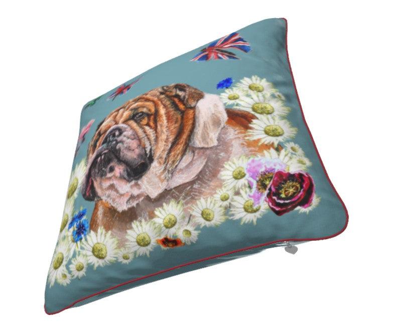 English Bulldog in the Daisies Velvet Cushion