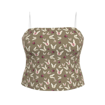 Green beige strapless top with pink butterfly pattern on a white background