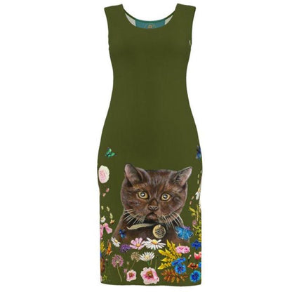 Green dress with a cat and floral design on a white background Catslore Elizabeth Shewan Artist 