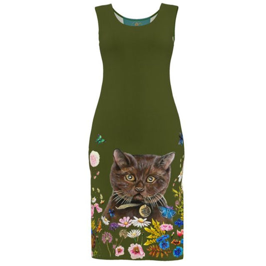 Green dress with a cat and floral design on a white background Catslore Elizabeth Shewan Artist 