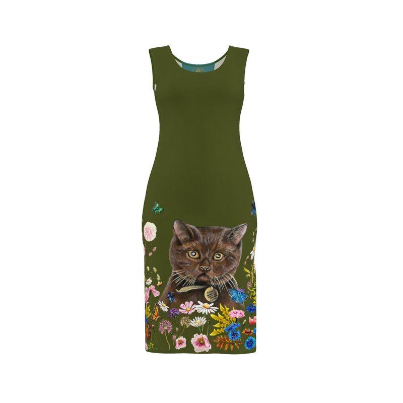 Green dress with a cat and floral design on a white background Catslore Elizabeth Shewan Artist 