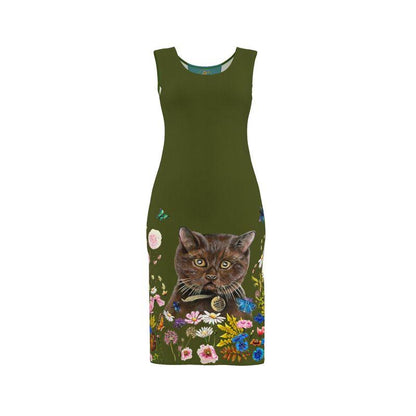 Green dress with a cat and floral design on a white background Catslore Elizabeth Shewan Artist 