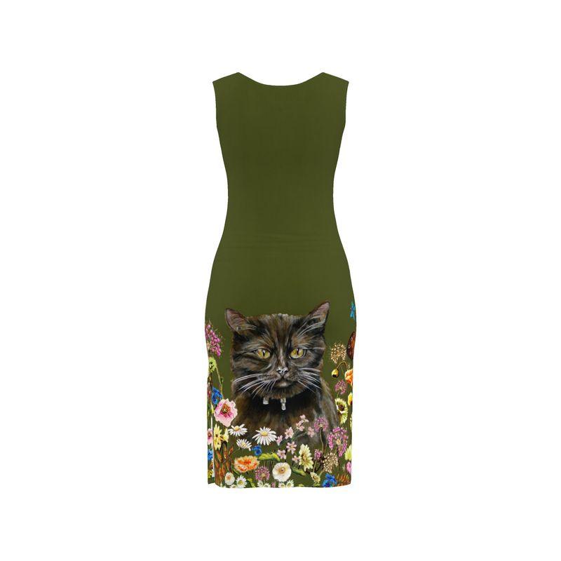 Green dress with a brown british shorthair cat and floral design on a white background Catslore Elizabeth Shewan Artist 