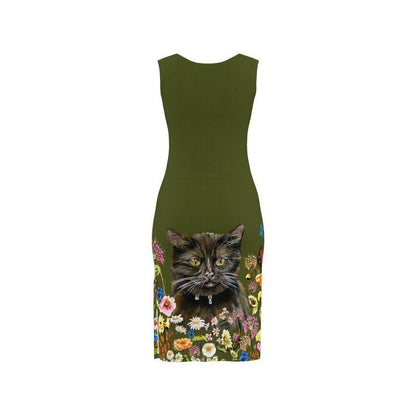 Green dress with a brown british shorthair cat and floral design on a white background Catslore Elizabeth Shewan Artist 