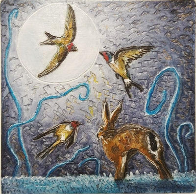 Artistic depiction of a hare and birds with abstract elements on a textured background