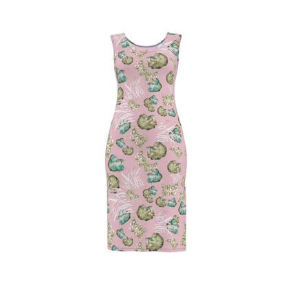 Pink dress with green fish ocean floral pattern on a white background