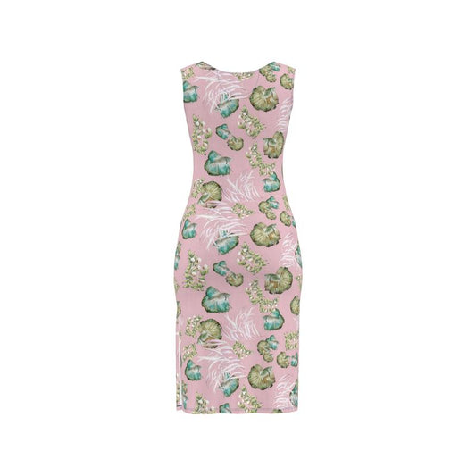 Pink dress with green ocean fish floral pattern on a white background