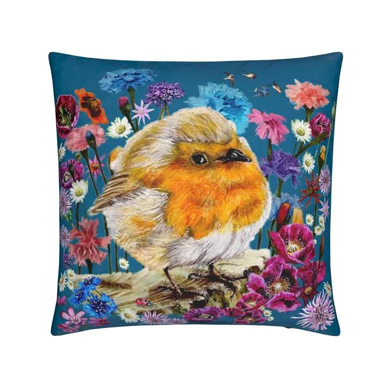 Divine Protection - Elizabeth's Boutique robin amongst the flowers with a ladybird velvet cushion