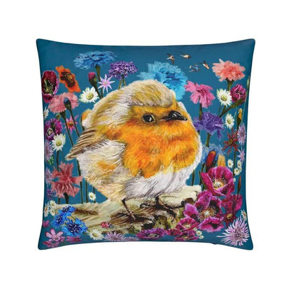 Divine Protection - Elizabeth's Boutique robin amongst the flowers with a ladybird velvet cushion