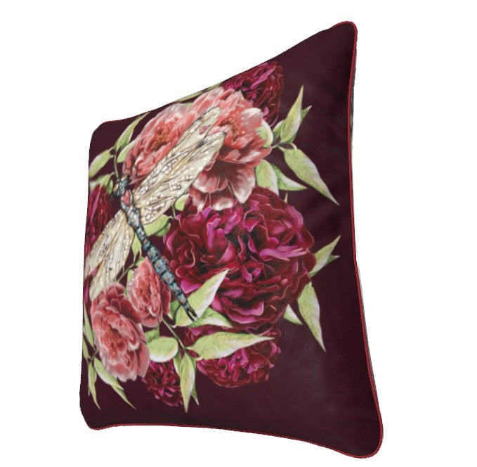Dragonfly Peonies Velvet Cushion