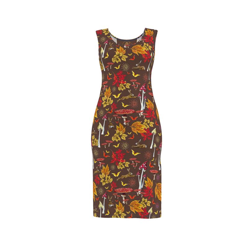 wildlife inspired summer cotton dress with hares and mushrooms fairyland Floral leaves patterned dress on a white background