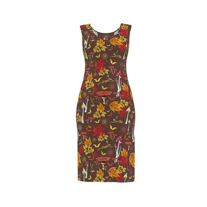 wildlife inspired summer cotton dress with hares and mushrooms fairyland Floral leaves patterned dress on a white background