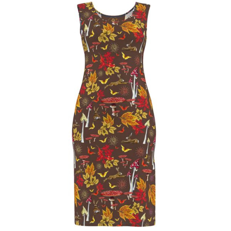 Brown dress with colorful leafy leave floral pattern width hares butterflies and mushrooms spirals on a white background