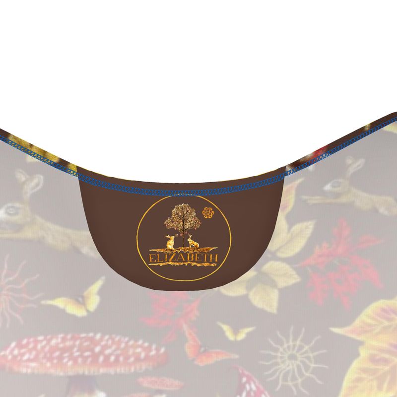 Product logo label for Elizabeth's boutique in Dorset England with a brown label featuring a logo and text on a floral background