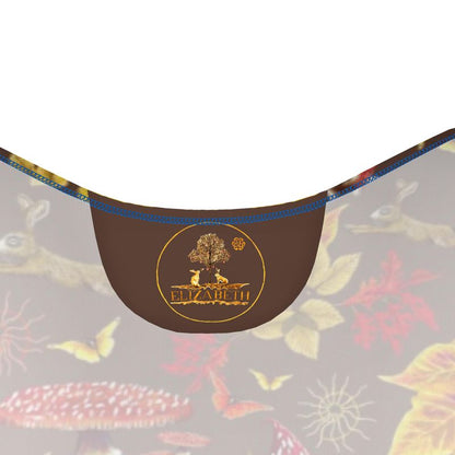 Product logo label for Elizabeth's boutique in Dorset England with a brown label featuring a logo and text on a floral background