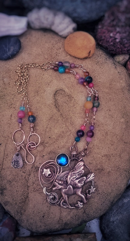 Necklace with colorful beads and a pegasus pendant necklace elizabeth's boutique handmade