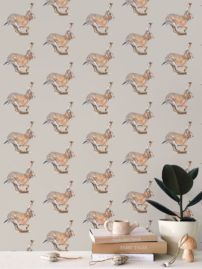 Running Wild Brown Hare Wallpaper Cream