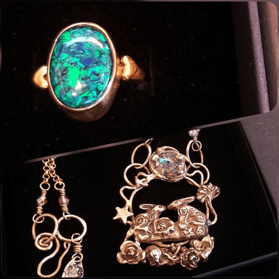 Bronze jewelry set with a ring and pendant by Elizabeth on a black background