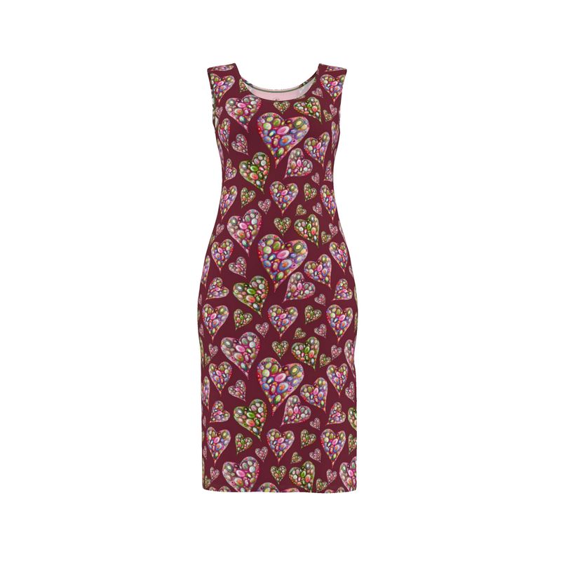 cotton summer dress of hearts soul rebalancing with colorful heart and soul pattern by artist Elizabeth Shewan on a white background