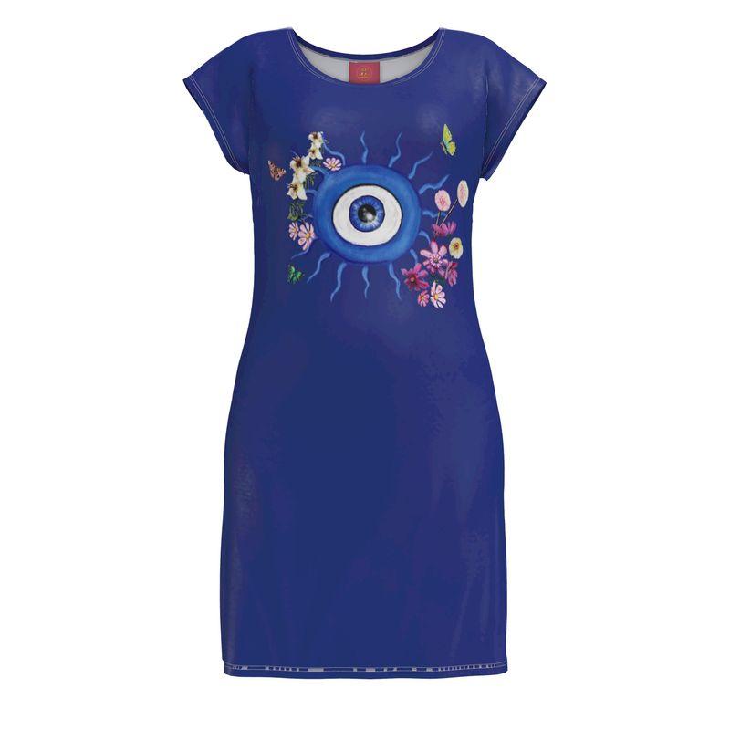 Blue dress with a decorative evil eye design with flowers and butterflies by artist Elizabeth Shewan on a white background