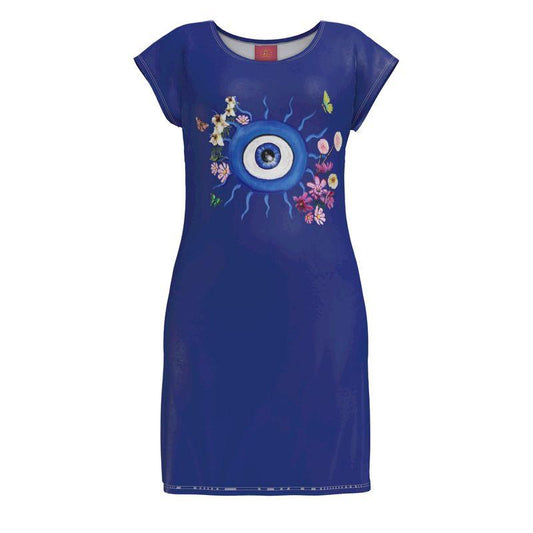 Blue dress with a decorative evil eye design with flowers and butterflies by artist Elizabeth Shewan on a white background