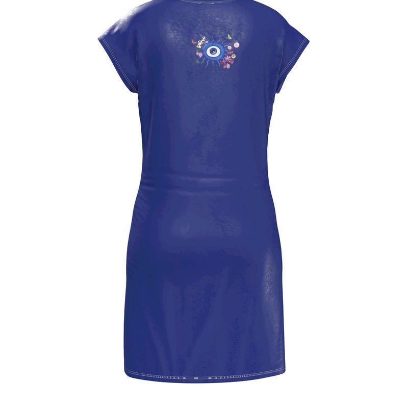 Blue dress with a decorative evil eye on the back on a white background